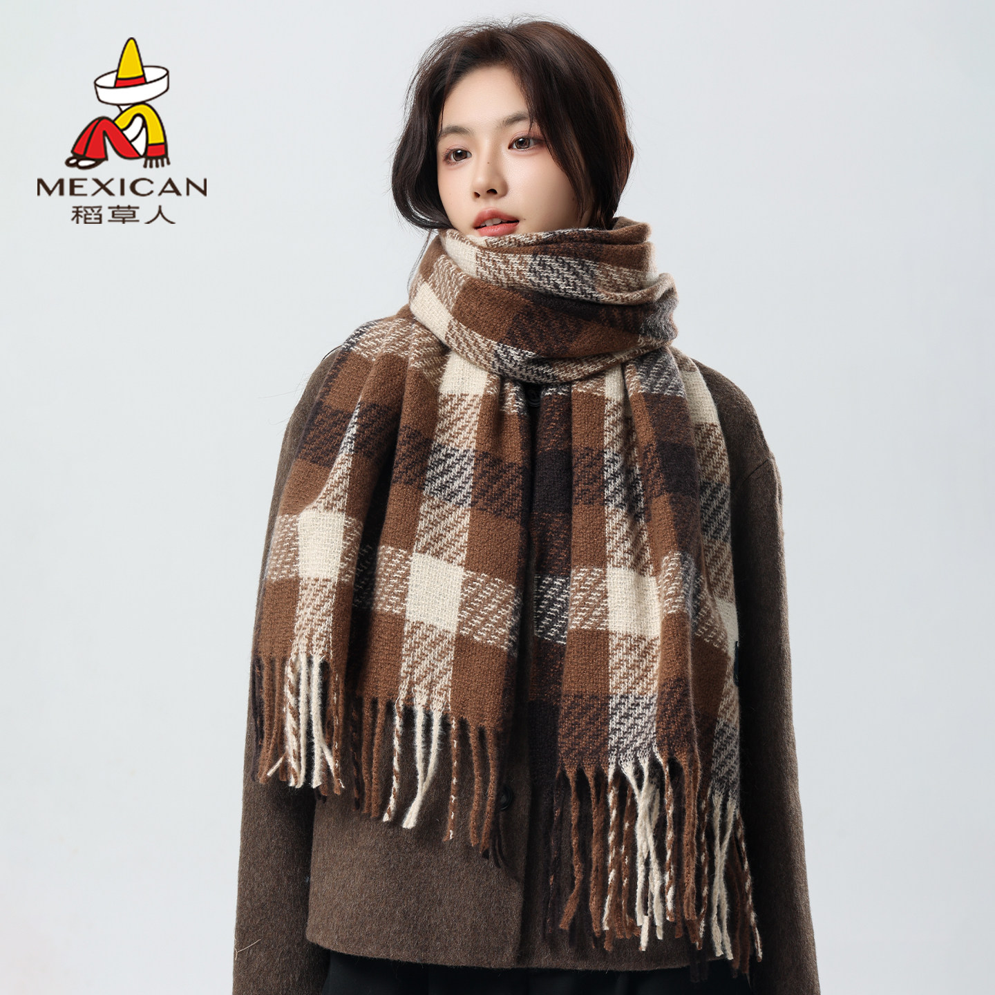 稻草人围巾冬季女2025新款百搭高级感披肩流苏韩格子保暖加厚围脖