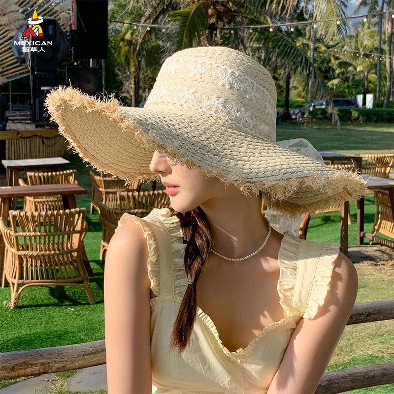 稻草人新款法式拉菲草帽女夏大帽檐遮阳防晒海边度假草编太阳帽子