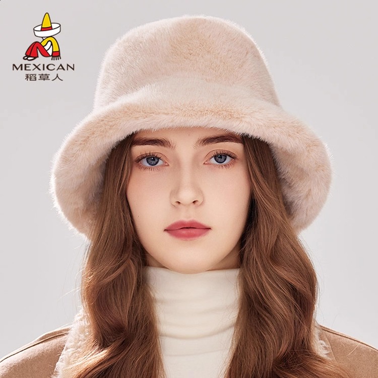 稻草人毛绒保暖帽子女秋冬水貂毛大头围渔夫水桶帽显脸小盆帽防寒