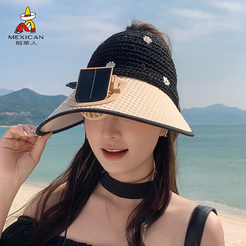 稻草人夏季太阳能空顶草帽女大帽檐防晒遮阳帽户外徒步帽可充电