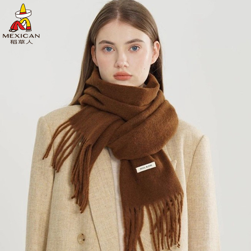 稻草人高级感围巾女冬季2025新款纯色百搭羊毛混纺保暖围脖男加厚