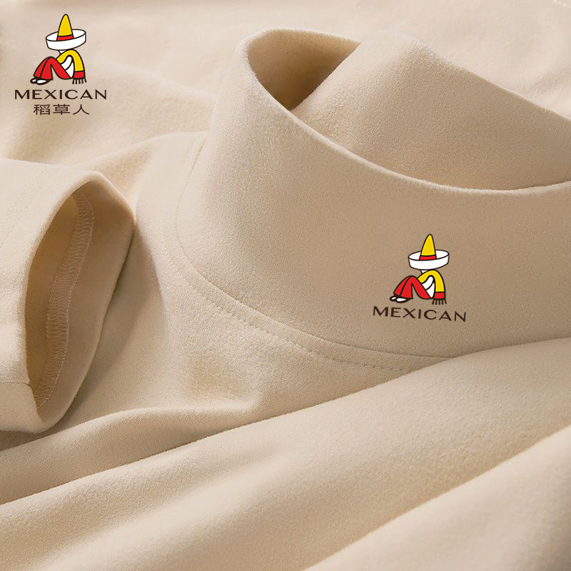 稻草人半高领打底衫男士加绒长袖保暖t恤男秋冬双面绒内搭秋衣服Z