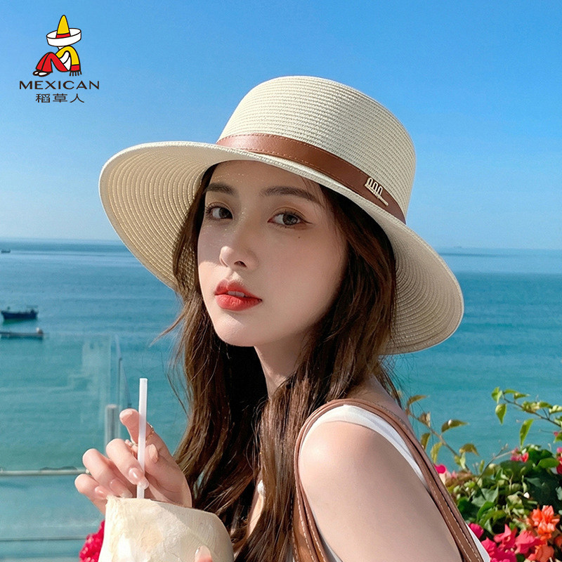 稻草人法式平顶草编帽女优雅夏季海边沙滩防晒遮阳帽大帽檐高级感