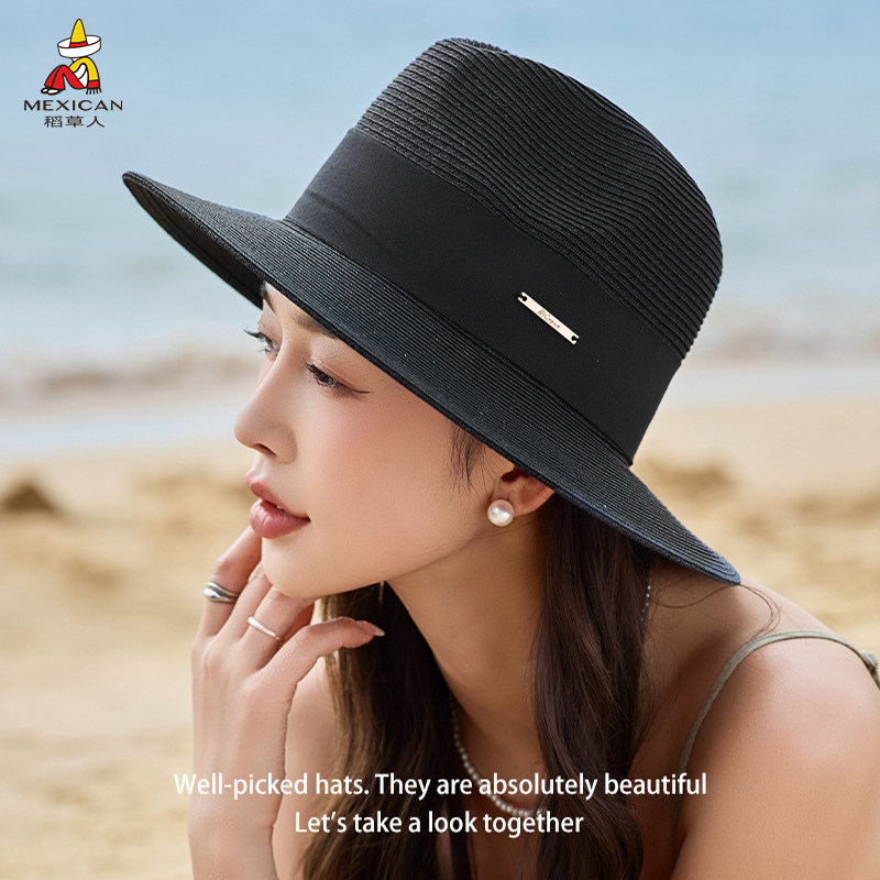 稻草人法式赫本风平顶草帽女防晒透气百搭宽檐帽子夏季海边遮阳帽