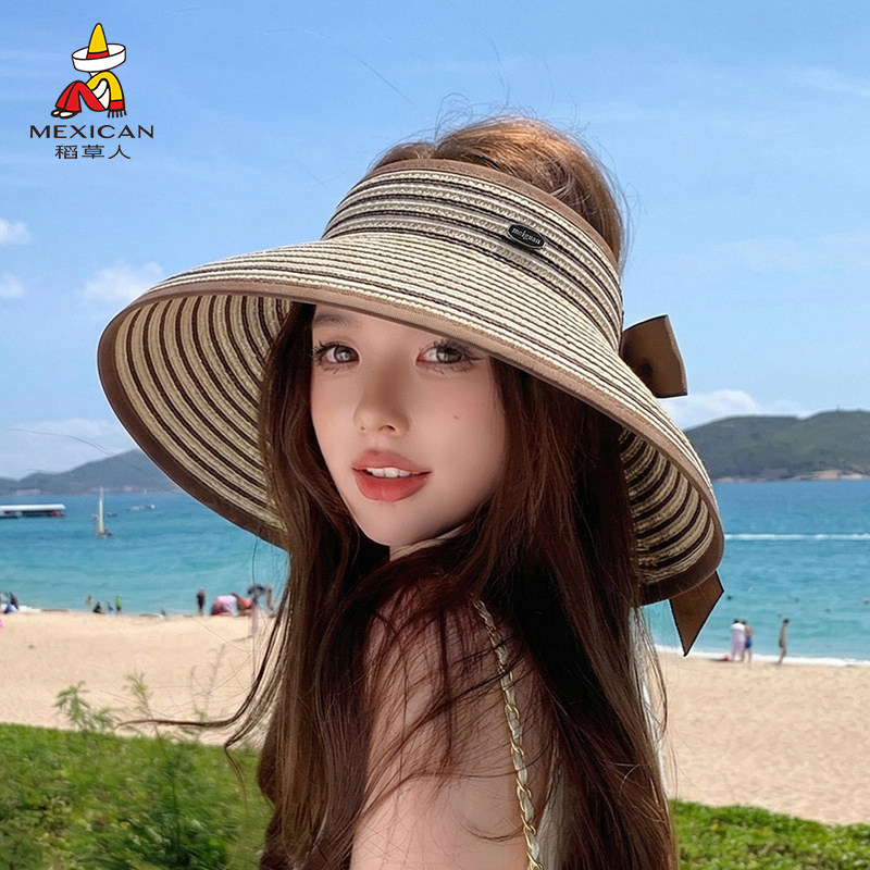 稻草人夏季条纹大帽檐空顶草帽防晒透气遮阳海边度假沙滩户外帽子