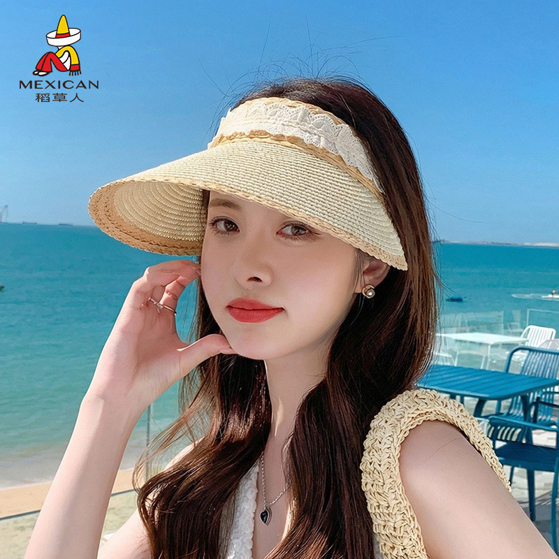稻草人夏季花边空顶草帽女海边度假防晒遮阳帽大帽檐显脸小沙滩帽