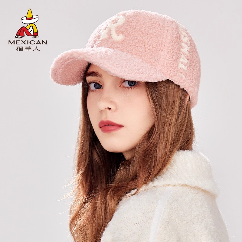 稻草人R标刺绣羊羔绒棒球帽子