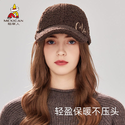 稻草人帽子女2025新款冬时尚洋气大头围显脸小鸭舌毛绒保暖棒球帽