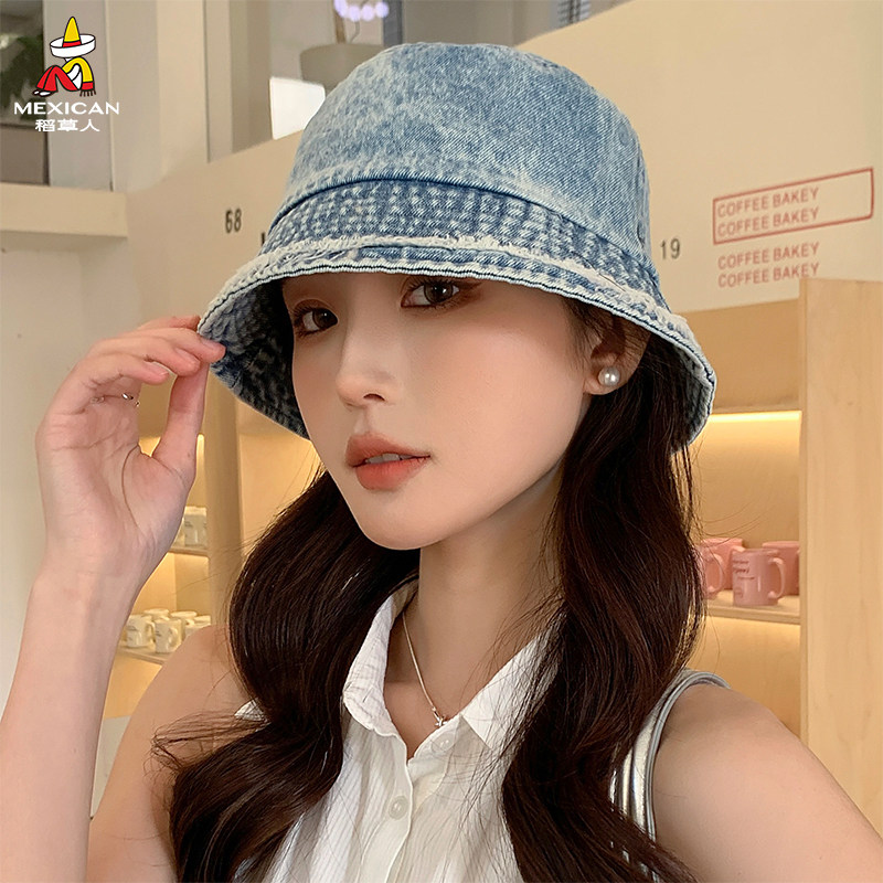 稻草人复古水洗牛仔渔夫帽女春夏百搭显脸小遮脸防晒水桶帽盆帽