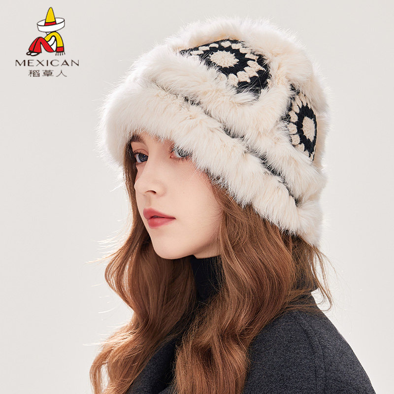 稻草人仿兔毛皮草帽子女冬季保暖渔夫帽手工钩针花朵镂空包头冷帽
