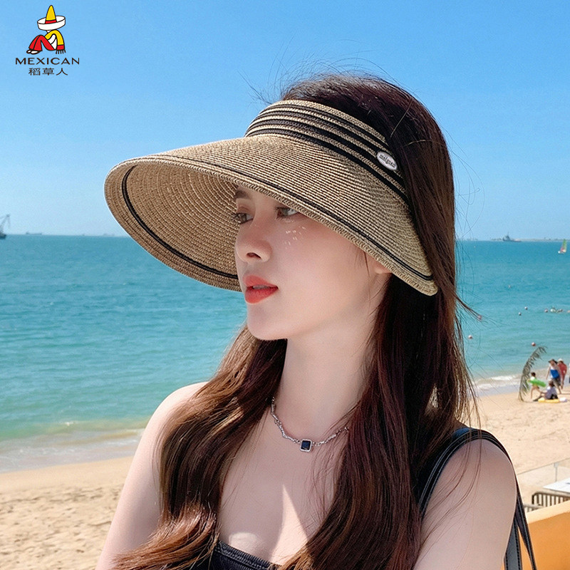 稻草人夏季海边空顶草帽女防晒透气遮阳大檐帽显脸小出游太阳帽
