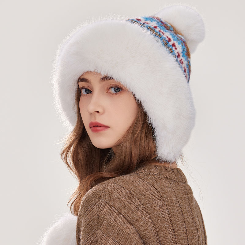 稻草人大毛绒新款冬季护耳雷锋帽女士户外骑行针织加厚保暖毛线帽