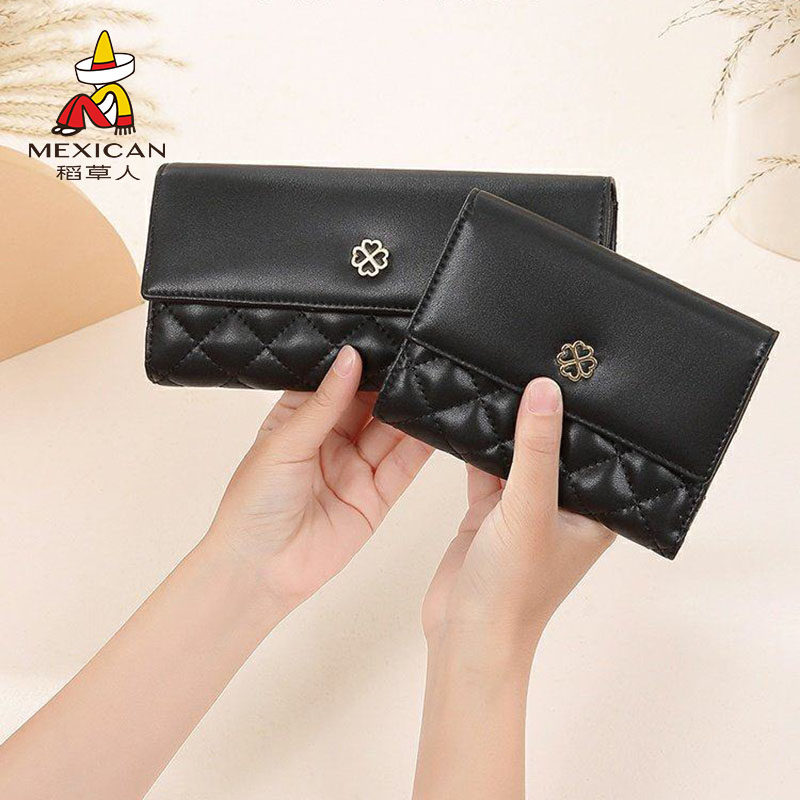 稻草人钱包女真皮黑色钱夹小巧小众高级感零钱包牛皮精致皮夹卡包