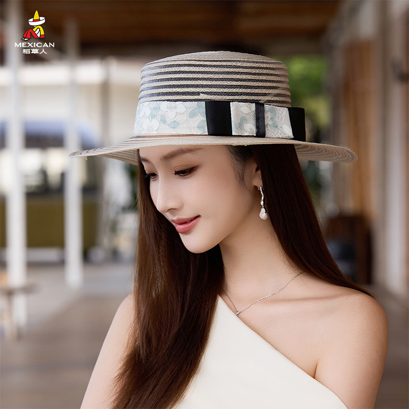 稻草人夏季新款宽檐草编帽女防晒遮阳蝴蝶结装饰时尚百搭女士礼帽