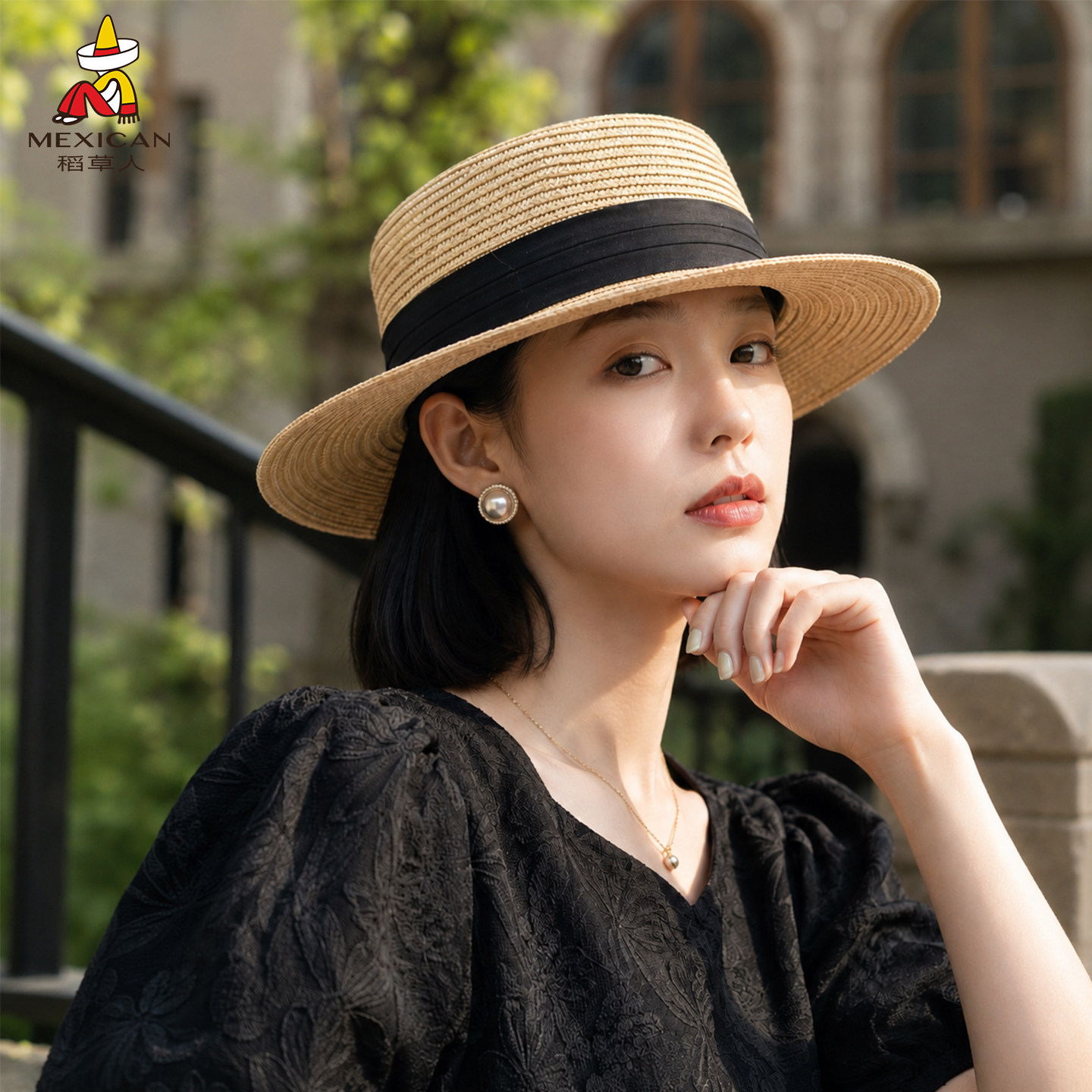 稻草人法式平顶草帽女士夏海边遮阳帽女款防晒帽子编织礼帽太阳帽
