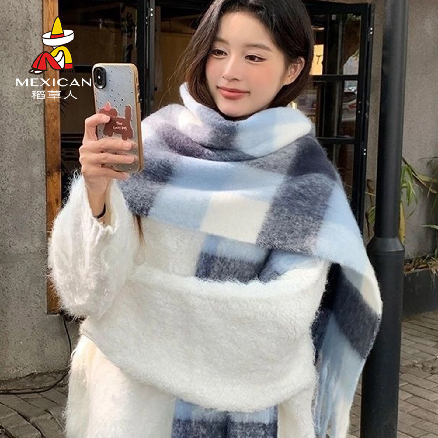 稻草人韩系蓝白格子围巾女秋冬季百搭保暖围脖加厚情侣披肩氛围感