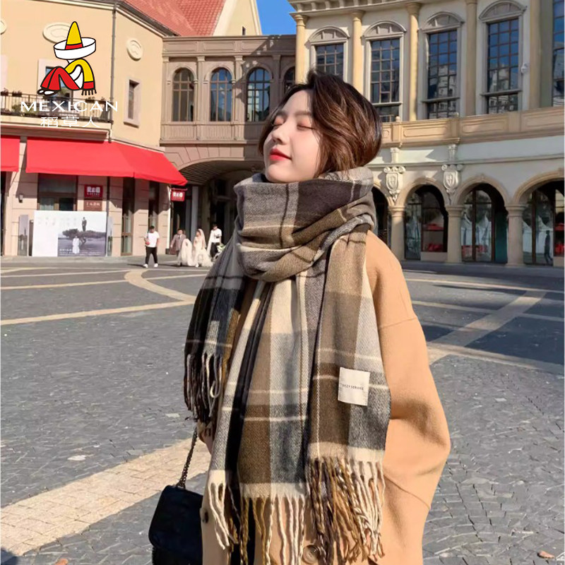 稻草人美拉德围巾女2025新款冬季高级感格子披肩情侣保暖围脖加厚