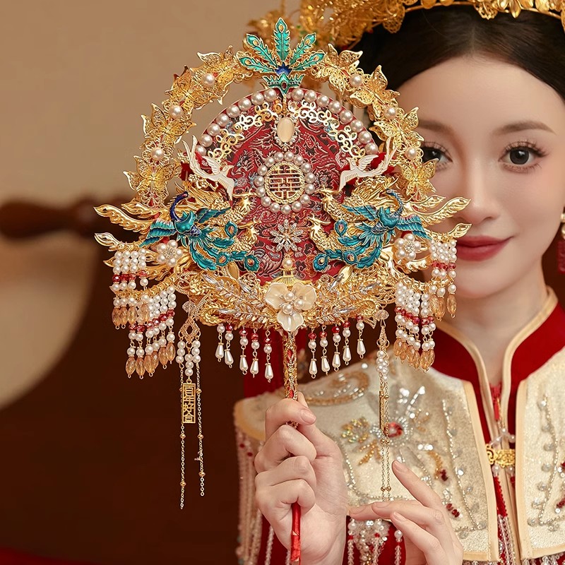 双面团扇新娘结婚礼出嫁高级成品秀禾喜扇送礼中式扇子diy材料包