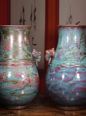 禹州神垕钧瓷摆件李亚飞大师纯手工龙首瓶中式陶瓷家居博古架装饰