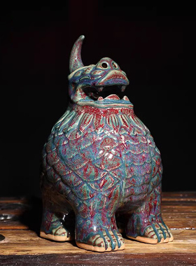 河南禹州神垕钧瓷摆件李朝斐大师柴烧釉天禄貔貅招财家居陶工艺品