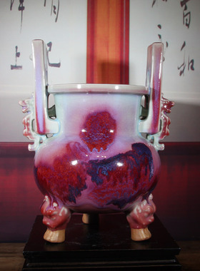 钧瓷三足鼎大香炉手工陶瓷焚香炉茶道玄关博古架中式复古功夫摆件