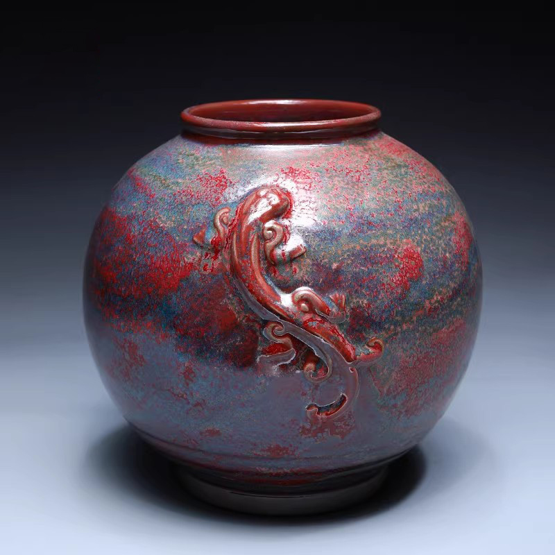钧瓷窑变卢炉钧花瓶李亚飞大师纯手工作品螭龙瓶玄关博古架摆件