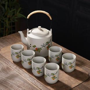 现代简约大茶杯泡茶壶整套带过滤网餐厅家用壶 粗陶提梁壶茶具套装