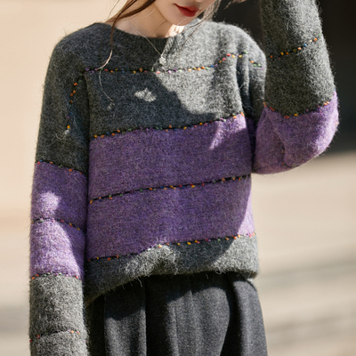 宽松慵懒风拼色针织打底衫女2025新款洋气大码女装上衣秋冬毛衣