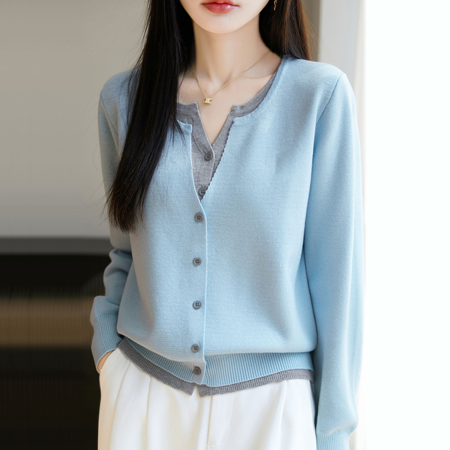 秋季新款圆领毛衫针织女士开衫外套拼色宽松外穿假两件短款毛衣