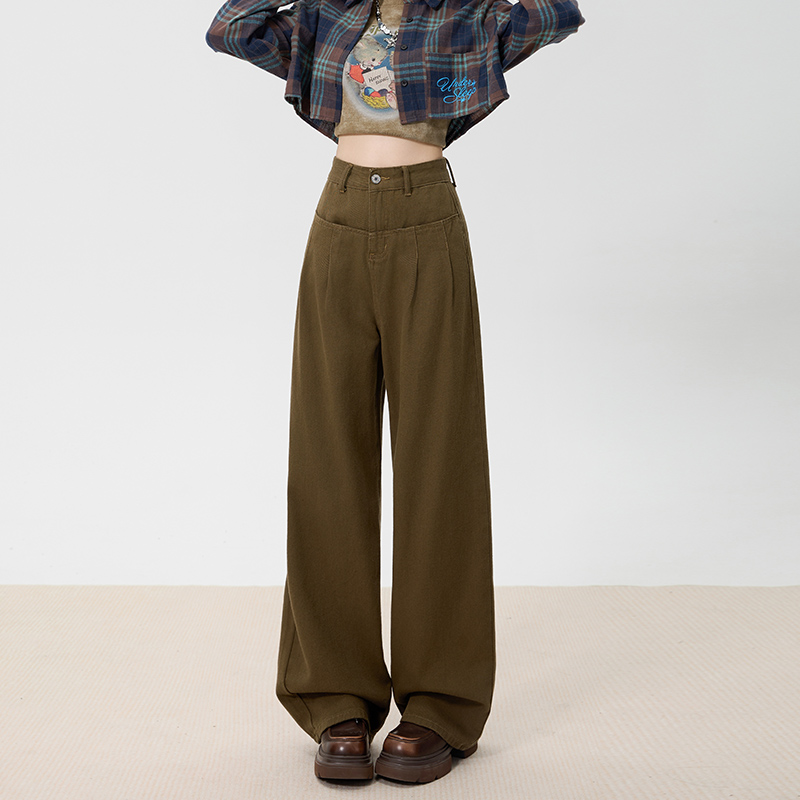 卡其色阔腿裤女牛仔裤秋冬季新款梨型遮胯小个子慵懒休闲高腰裤子