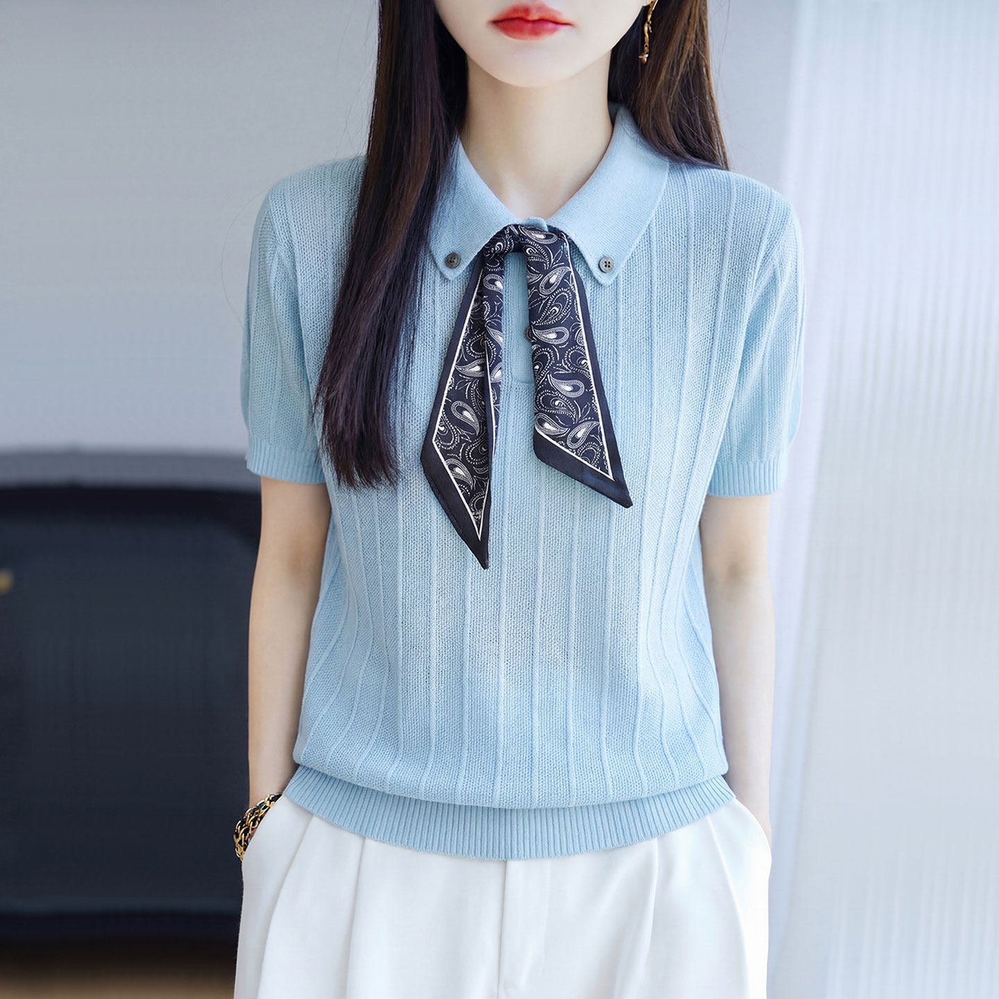 夏季新款翻领拼色提花高品质显瘦短袖女士T恤时尚百搭针织上衣潮