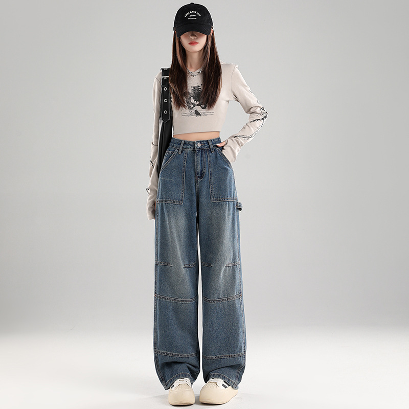 工装高街牛仔裤女长裤春秋季复古宽松新款设计感拖地阔腿裤子2025