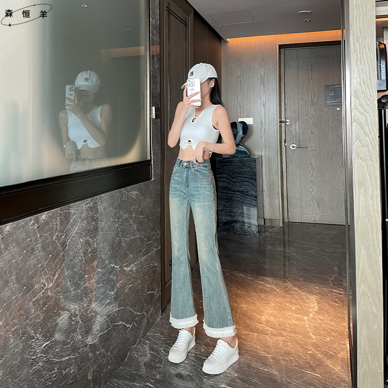 蕾丝微喇牛仔裤女九分2025年新款小个子春秋季马蹄高腰喇叭裤子