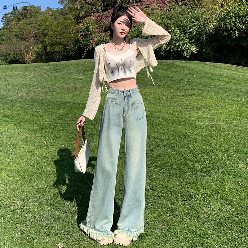 毛边流苏阔腿牛仔裤女春秋季新款高腰显瘦宽松垂感拖地大阔腿裤子