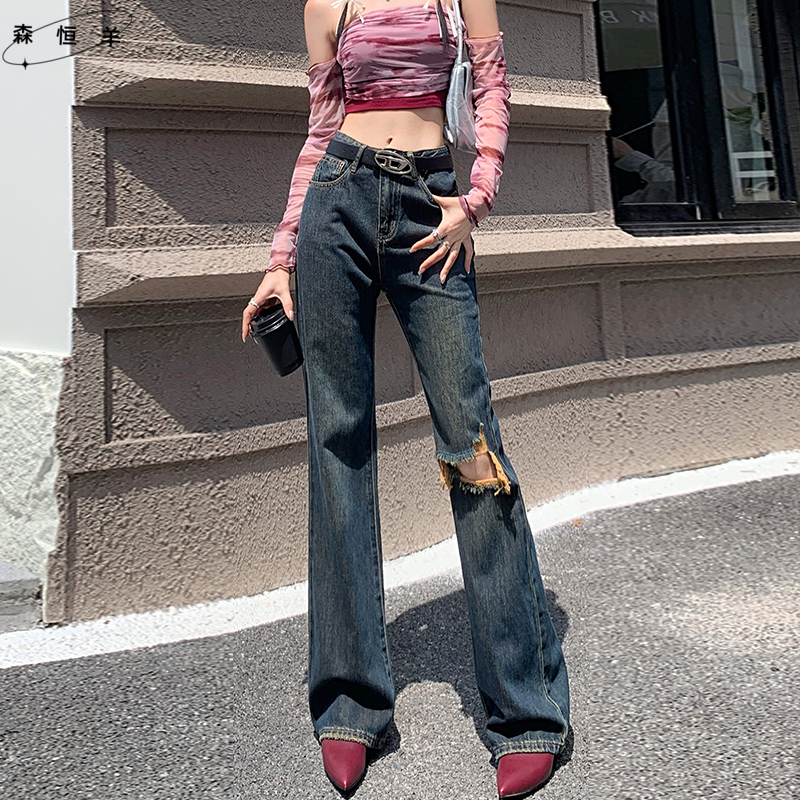 复古破洞牛仔微喇叭裤女高腰长裤春秋季怀旧港风显瘦阔脚裤子显瘦