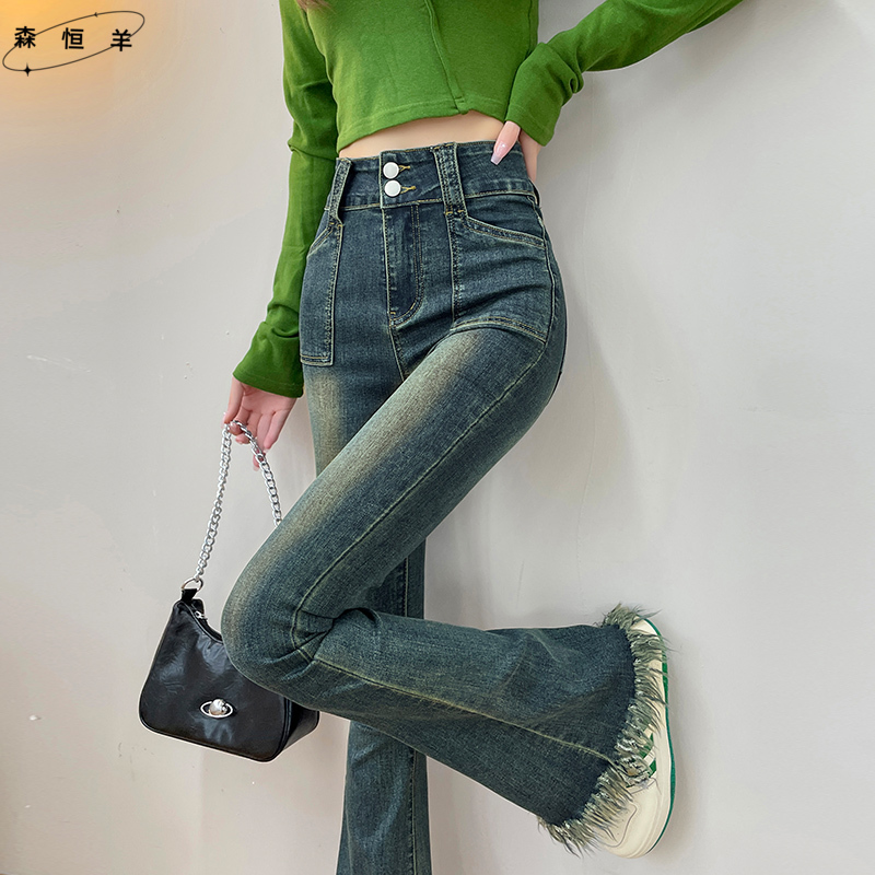 毛边流苏喇叭裤女春秋2025年新款高腰显瘦小个子微喇牛仔裤子复古