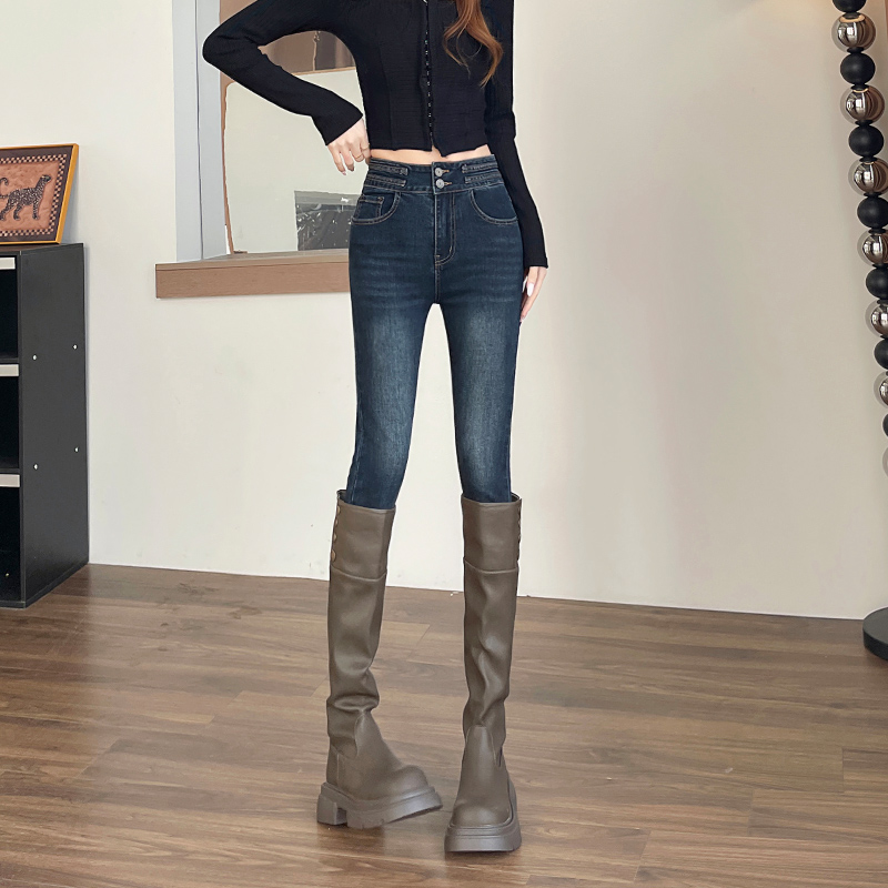 高腰显瘦小脚牛仔裤女加绒秋冬季蓝色紧身提臀弹力长裤铅笔裤子