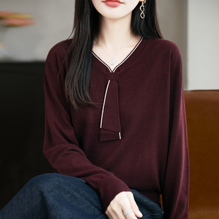 女装 春秋洋气上衣大码 秋冬毛衣 女2025新款 秋冬V领飘带针织打底衫
