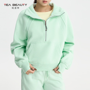 Tea Beauty简约运动风半拉链连帽卫衣女宽松套头加绒上衣绿色
