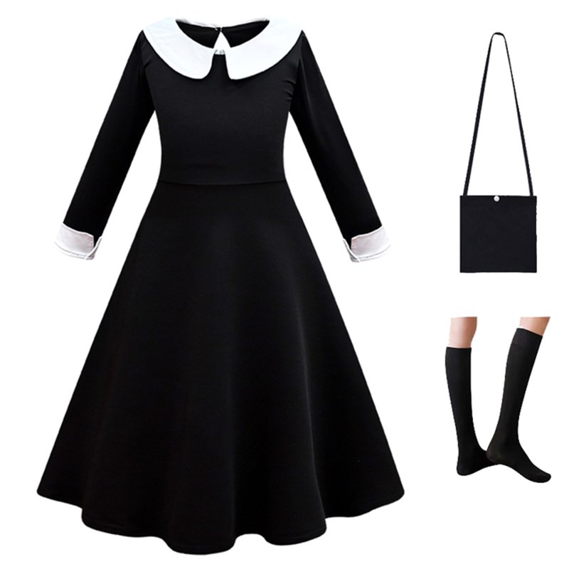 星期三黑色校服成人连衣裙子亚当斯一家衣服cos亲子服装儿童礼服