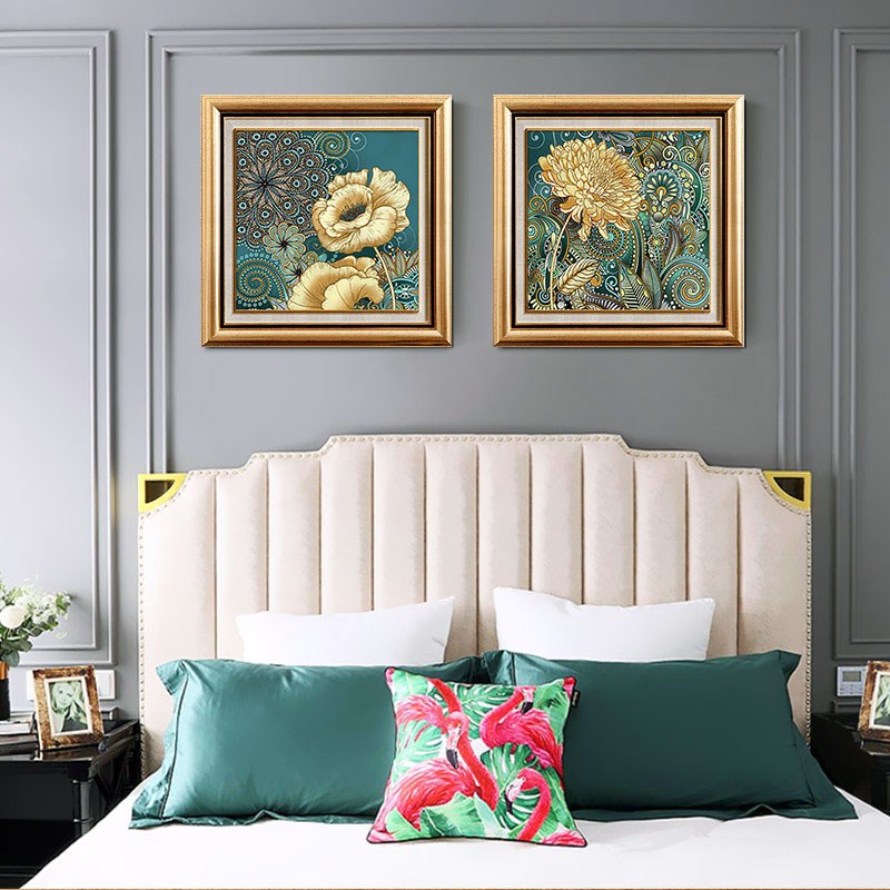 欧式卧室床头装饰画双联有框挂画沙发背景墙壁画复古房间墙画花卉图片