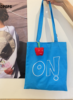 COCOPOPS韩系ON字母刺绣帆布包松弛感百搭单肩包通勤手提蓝色包包