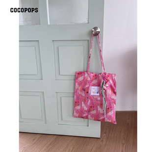 COCOPOPS韩系小众多巴胺彩色点粉猫咪布袋包学院风细带挂件帆布包