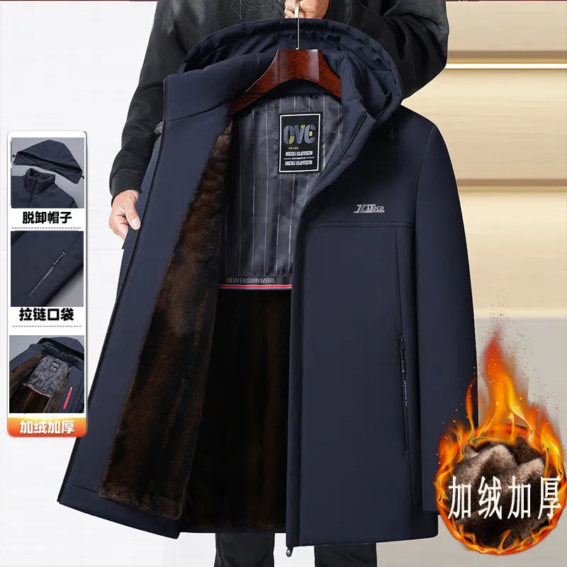 冬季爸爸男士保暖派克服棉衣中老年棉袄宽松加绒加厚中长款棉服