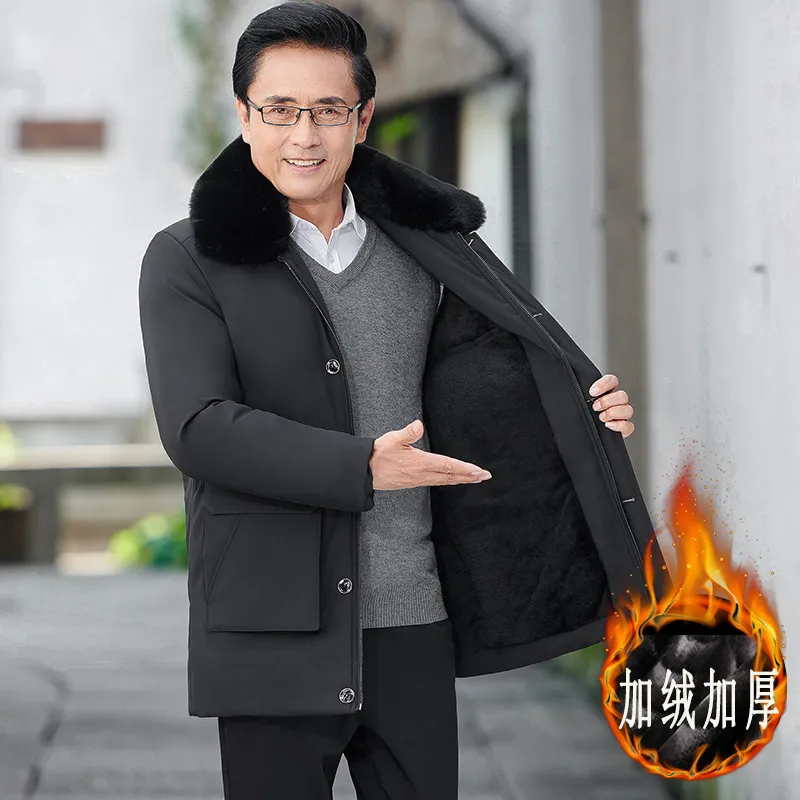 中老年棉服男士加绒加厚中长款棉衣可脱毛领爸爸装冬装外套棉袄