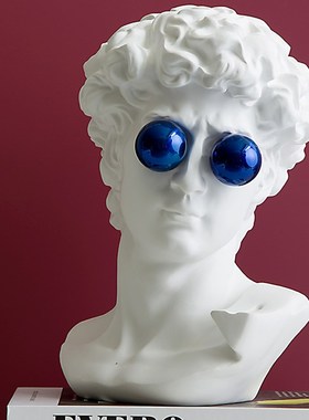 金色线条吹泡泡大卫头像蓝色球雕塑艺术摆件家居软装饰品小众装置