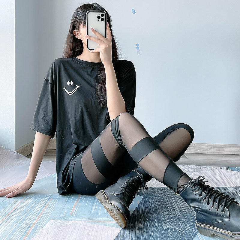 黑色打底裤女外穿春秋款薄款网纱拼接个性九分高腰紧身显瘦小黑裤