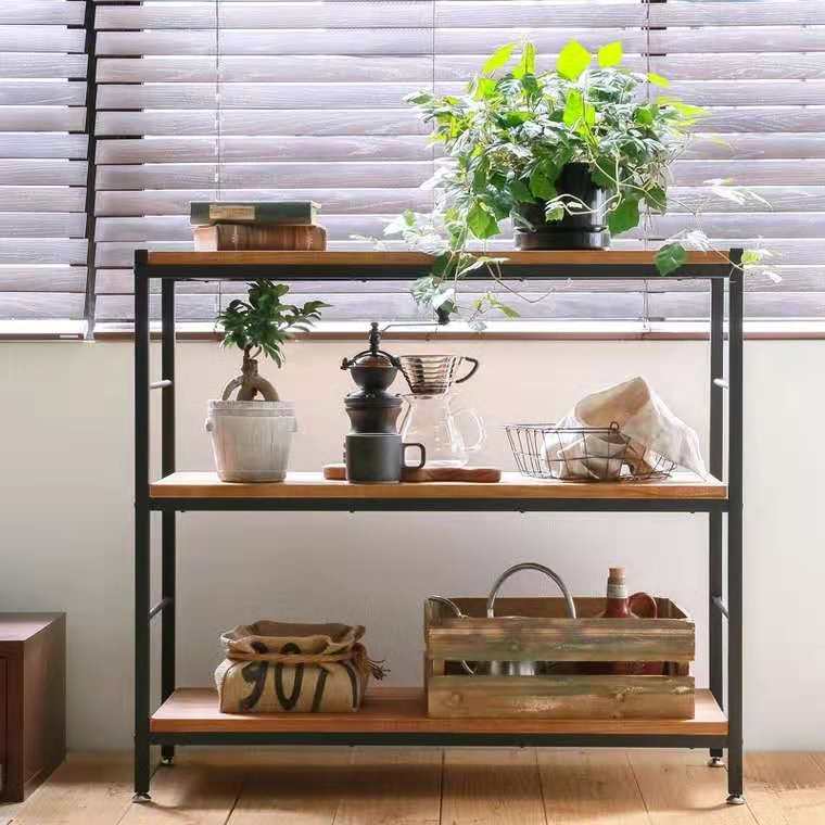 北欧铁艺置物架复古陈列架实木隔板展示架落地书柜厨房多层收纳层