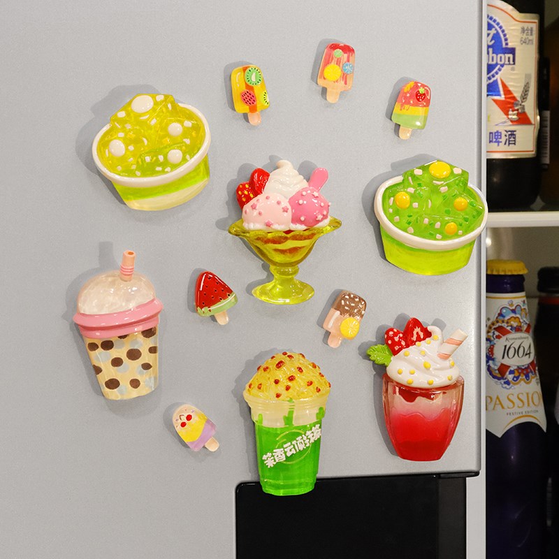 清凉夏季创意可爱卡通草莓奶茶冰激凌食物冰箱贴装饰磁吸磁性贴