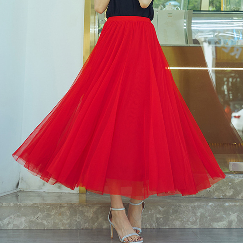 四季广场舞红色网纱半身长裙720度大摆裙子显瘦遮胯显瘦紫色纱裙